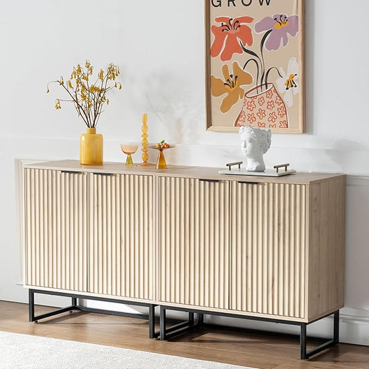 Fluted Storage Cabinet Set of 2, Sideboard Buffet Cabinet Modern Accent Cabinets with Adjustable Shelves, Credenza, Console Table Entryway Cabinets for Living Room, Light Oak