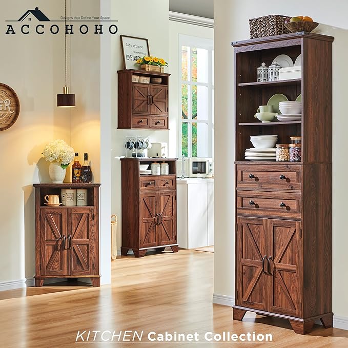 ACCOHOHO Corner Bathroom Cabinet, Farmhouse Small Cabinet with Barn Door & Adjustable Shelf, Storage Cabinets for Bathroom, Kitchen & Living Room, Brown