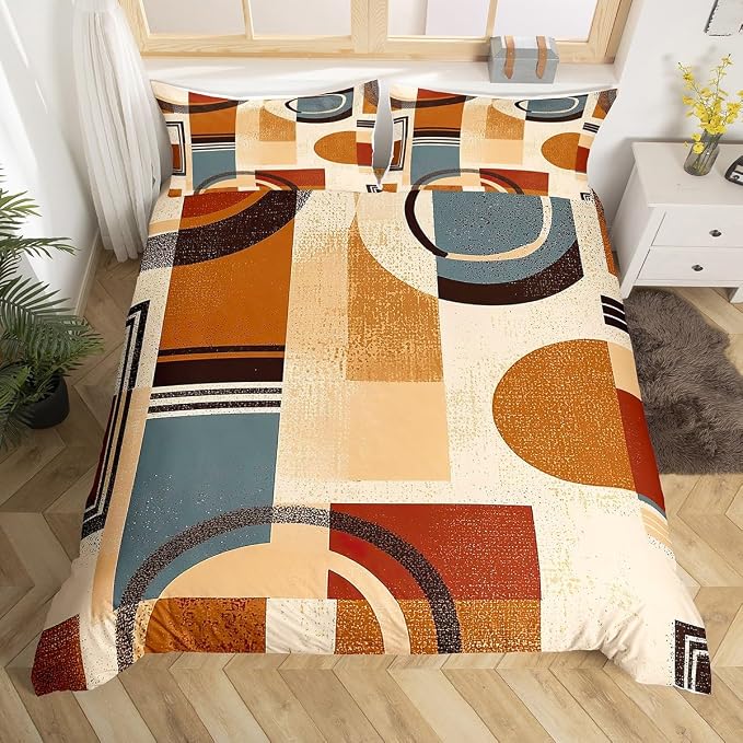 Modern Geometric Duvet Cover Set Twin Size,Abstract Retro Striped Circle Bedding Set,Boys Girls Room Decor,Minimalist Aesthetic Squares Comforter Cover,Brown Quilt Cover,1 Pillowcase(No Filler)