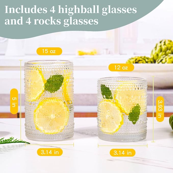 Colored Hobnail Drinking Glasses Set of 8，15 oz Vintage Highball Glassess & 12 oz Cocktail Glasses，Drinkware Kitchen Glasses for Cocktail, Iced Coffee, Beer, Ice Tea, Wine, Whiskey, Water