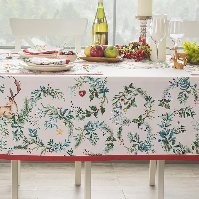 Maison d' Hermine Table Cloth Rectangle Table 100% Cotton 60 x 108 Inches Fall Tablecloth Reusable Everyday Use for Thanksgiving Christmas Decorations Dining Farmhouse Party (Holly Time)
