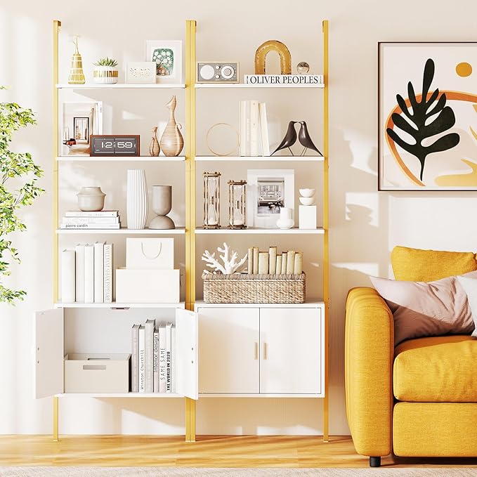 Giantex 5-Tier Wall-Mounted Ladder Shelves Set of 2, 72.5" Tall Bookshelf w/ 2-Door Cabinet, Modern Style Kitchen Open Shelving Organizer, Heavy-Duty Metal Frame Display Rack for Living Room