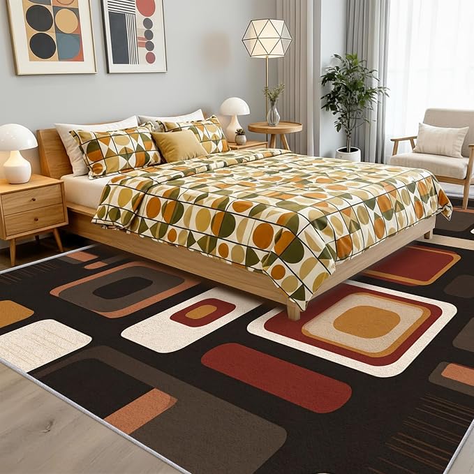 Mid-Century Modern Rug 7x9 70s Retro Geometric Pattern Area Rugs for Living Room, Bedroom, Mid-Century Modern Home Decor Accessories Indoor Carpet, Non Slip & Machine Washable, GD0641