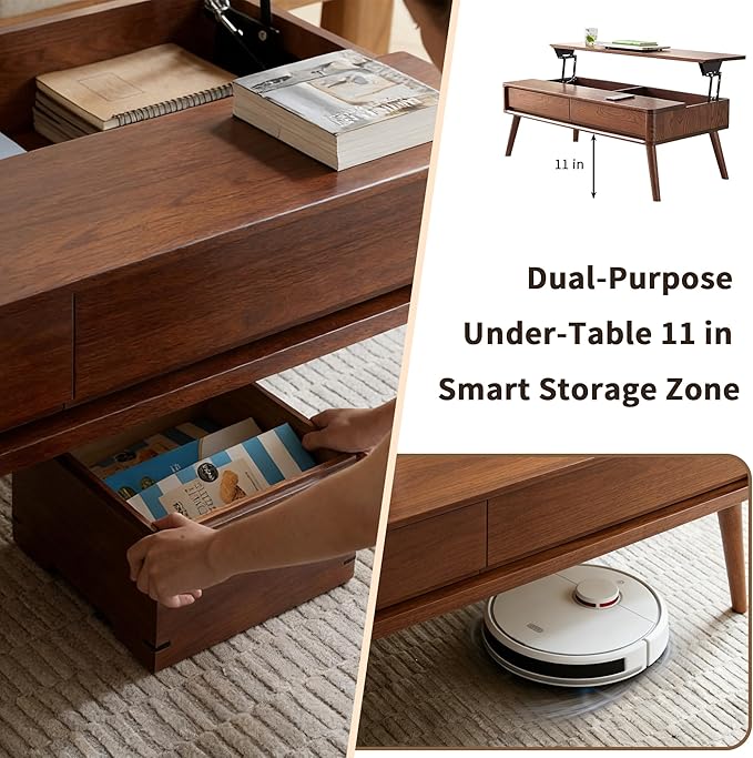 Solid Wood Coffee Table with Drawers, Natural Wooden Center Table for Living Room, Easy-to-Assemble Low Desk, 47.24" W × 23.62" D × 17.72" H for Home Office (47.24" Solid Wood Coffee Table)