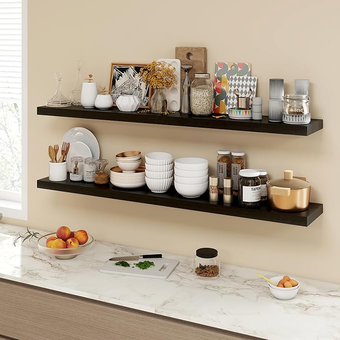 55 Inch Floating Shelves, 9.3" Deep Floating Shelf Wall Mounted, 56" Wall Shelves, Rustic Deep Bookshelf, Large Display Shelves & Storage Shelves for Bedroom, Living Room, Black, Set of 2