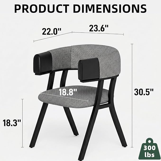 Upholstered Kitchen & Dining Room Table Chairs Set of 2, Metal Modern Dining Room Chair with Armrests, Curved Backrest, Linen Fabric for Living Room, Office, Vanity, Sturdy Metal Legs, Gray