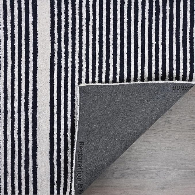 Modern Handmade Wool Area Rug, Abstract Curved Line Geometric Carpet for Living Room Bedroom, Contemporary Tufted Indoor Rug with Soft Pile and Cotton Backing (Ink, 6' x 8')