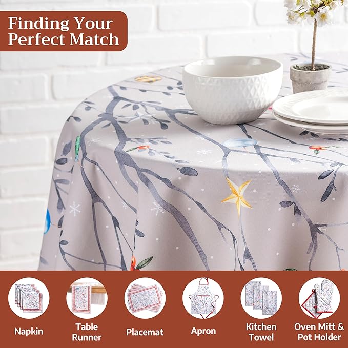 Maison d' Hermine Table Cloth Round Table 100% Cotton 63 Inches Fall Tablecloth Reusable Everyday Use for Thanksgiving Christmas Decorations Dining Farmhouse Party (Fairy Christmas)