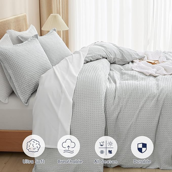 PHF Waffle Weave Duvet Cover California King, No Snagging Ultra Soft Luxury Textured Breathable Comforter Cover for All Season 3pcs, Durable Bedding Duvet Set with 2 Pillow Shams, 104"x98", Light Grey