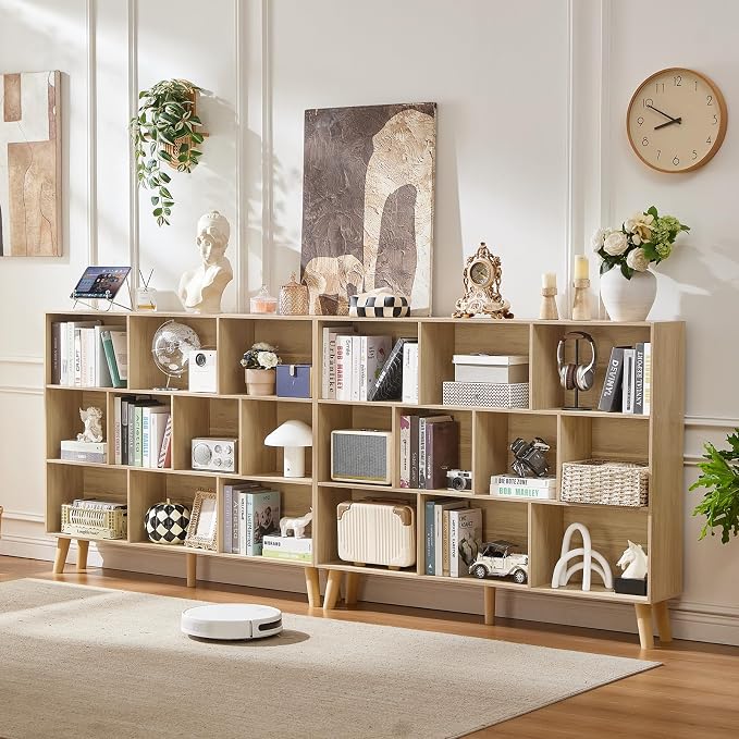LEYAOYAO 10 Cube Bookshelf, 3 Tier Vintage 55" Wide Bookcase with Legs, Mid-Century Wood Bookshelves Storage, Light Wood Large Book Case, Freestanding Organizer Display Shelf for Living Room, Office