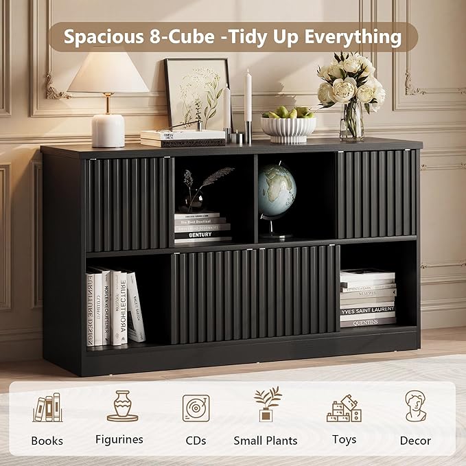 Einhomn 8 Cube Storage Organizer with Sliding Doors, Modern Fluted Bookshelf with Storage Cabinet, Wooden Bookcase with 4 Open Shelves for Living Room, Home Office, Bedroom, Black