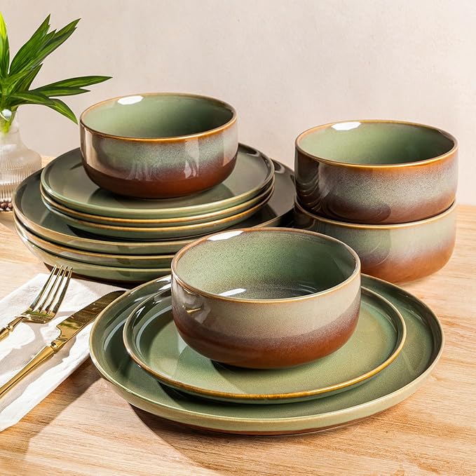TheTerra Ceramic Dinnerware Sets for 4, 12 Pieces Handmade Reactive Glaze Plates and Bowls Set, Scratch Resistant Dish Set, Oven & Microwave & Dishwasher Safe, Sage Umber