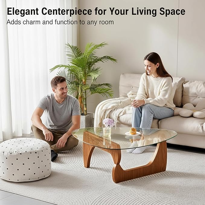 Modern Coffee Table for Living Room, Large Triangular Clear Tempered Glass Center Table with Adjustable Walnut Finish Wood Legs, 45" Mid-Century Abstract Design