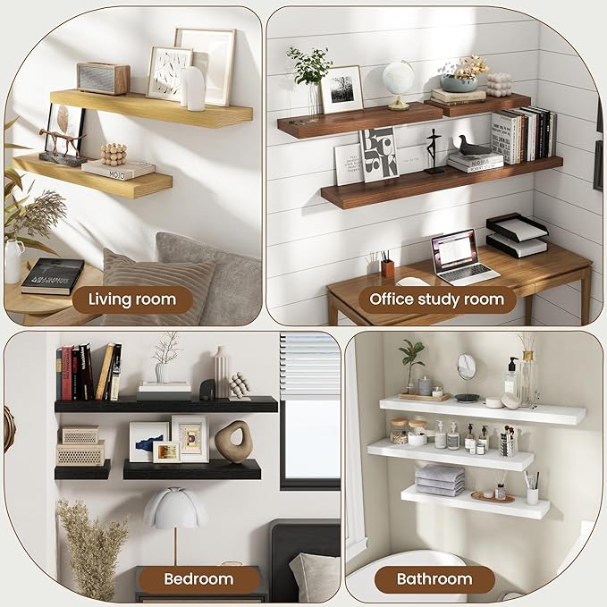 24 Inch Floating Shelves for Wall, 8 Inch Deep Floating Shelf for Storage & Display, Rustic Wall Mounted Shelf with Invisible Brackets for Living Room, Kitchen, Bathroom, Home Decor, Set of 2, Oak