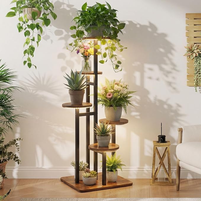 5 Tier Plant Stand Indoor with Grow Light for Multiple Plants | Corner Flower Stand, Vintage Multi-Layer Design, Sturdy Plant Shelf, Space-Saving, Ideal for Living Room Indoor Plant Display