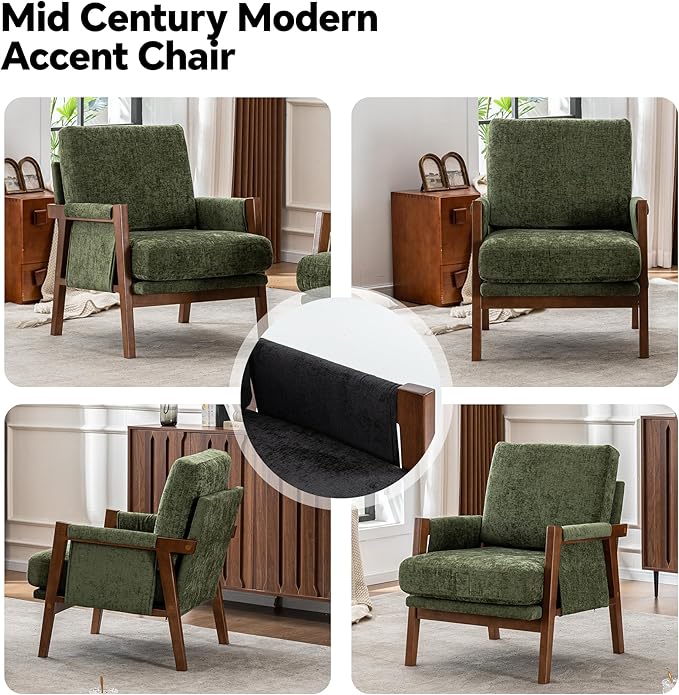 Mid Century Modern Accent Chair with Wood Frame, Upholstered Living Room Chairs with Wide Armrest, Chenille Fabric Comfy Arm Chair for Bedroom, Reading Room, Balcony (1, Green)