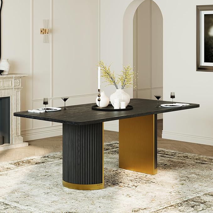 AUZ 78” Luxury Dining Table for 6-8, Farmhouse Wood Dining Room Table with Fluted Design and Brushed Metal Base, Large Rectangular Kitchen Table, Black and Gold