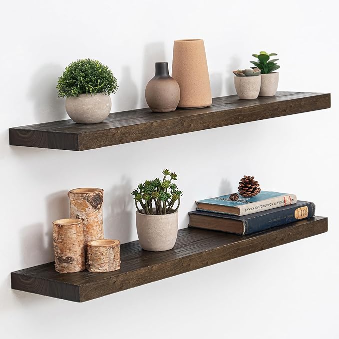 Extra Deep 32" Long Rustic Solid Wood Floating Shelves for Wall, Wall Shelves with Invisible Bracket for Living Room Bathroom Bedroom Kitchen, Set of 2, Walnut