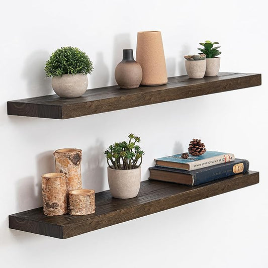 Extra Deep 32" Long Rustic Solid Wood Floating Shelves for Wall, Wall Shelves with Invisible Bracket for Living Room Bathroom Bedroom Kitchen, Set of 2, Walnut