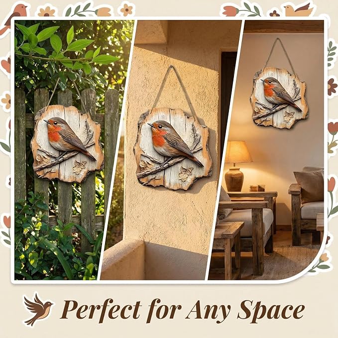 Cumuul Handmade Boxwood Bird Wall Hanging - Vintage 2D Bird Wooden Signage, Rustic Farmhouse Robin Bird Wall Decor, Wood Texture, Indoor Outdoor Garden Decoration (#1)