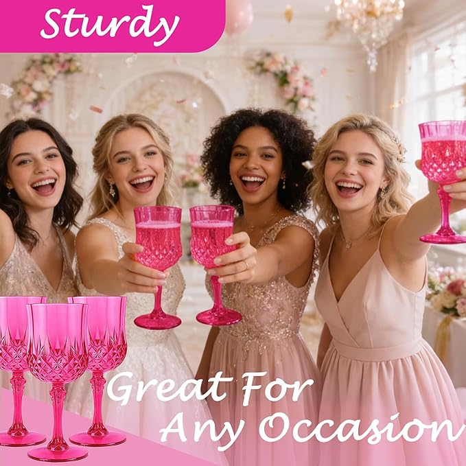 Plastic Wine Glasses, Plastic Goblets Vintage Style Cordial Drinking Glasses for Valentine’s Day, Wedding Reception, Grand Event Party Supplies (48, Hot Pink)
