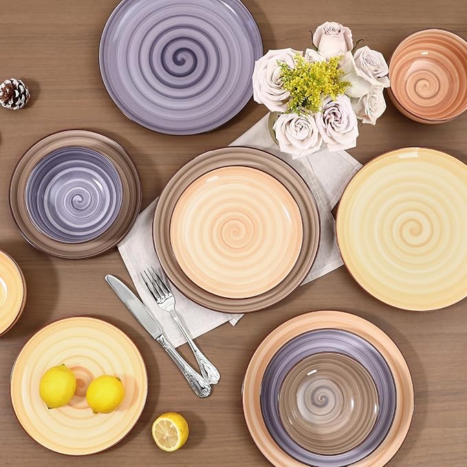 Selamica Ceramic Plates and Bowls Sets,18 Pieces Dinnerware Sets for 6,Dishwasher & Microwave Safe dish set,Family & Holiday Dining, Maillard