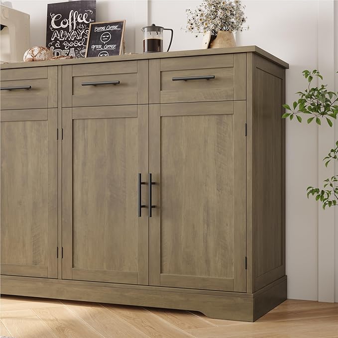 HOSTACK 60" Large Buffet Sideboard with Storage, 36" Tall Kitchen Buffet Storage Cabinet with 4 Drawer, Modern Coffee Bar Cabinet with Black Handle, Long Sideboard Table for Living Room, Rustic Brown