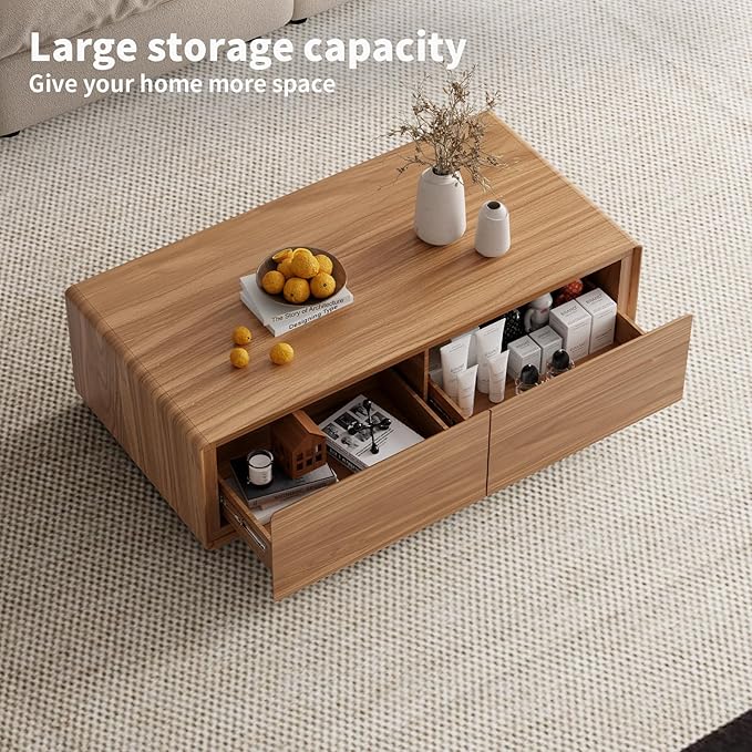 Luxury Walnut Wood Square Coffee Table with Large Hidden Storage, Expandable Tabletop Center Table for Living Room, Modern Accent Table with Drawers (Walnut Coffee Table)