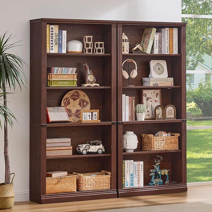 70" Walnut Tall Bookshelf Set of 4,5-Tier Thick Wooden Book Shelf with Adjustable Shelves,Free Standing Farmhouse Bookcase with Open Display Storage,Floor Vintage Bookshelves for Living Room
