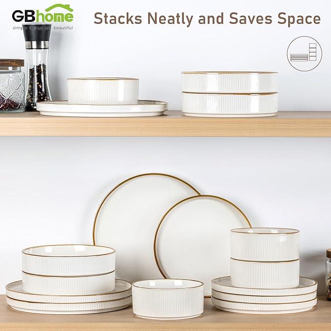 GBHOME 24-Piece Stoneware Dinnerware Set for 8 – Ribbed Ceramic Plates and Bowls, Scratch-Resistant, Microwave & Dishwasher Safe, Reactive Glaze, White with Honey-Brown Edge