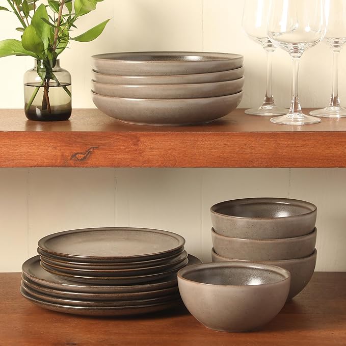 Gibson Elite Beckett Stoneware Matte Reactive Glaze 16 Piece (Service for 4) Plates and Bowls Dinnerware Set - Grey