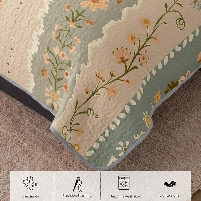 AILONEN King Quilted Comforter Set 3 Piece, Luxury Floral Vertical Bedspread Coverlet with 2 Pillowcases, Premium Apricot Bloom Bedding for Adults Suite Home Decor Upgrade Classic Forest