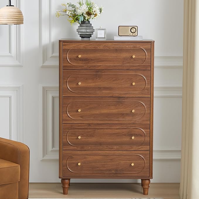 ORRD Fluted 5 Drawer Dresser for Bedroom Set of 2, Modern Mid Century Chest of Drawers, Wood Storage Large Dresser Organizer for Bedroom Living Room Closet Hallway, Walnut
