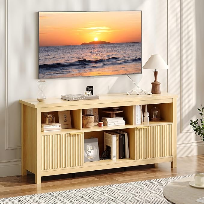 VINGLI 58" Fluted TV Stand for TVs up to 70", Modern TV Stand with Storage & Adjustable Shelves, Elegant Media Console Entertainment Center for Living Room & Bedroom, Oak