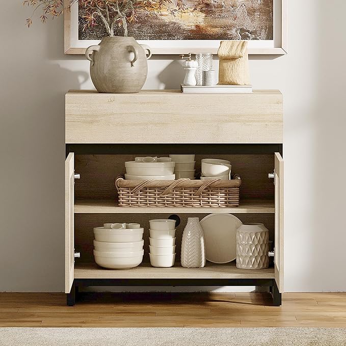 WAMPAT Sideboard Buffet Cabinets with Glass Doors and Drawer, Modern Sideboard Credenza with Adjustable Shelf, Coffee Bar Storage Cabinet for Living Room, Kitchen, Light Oak