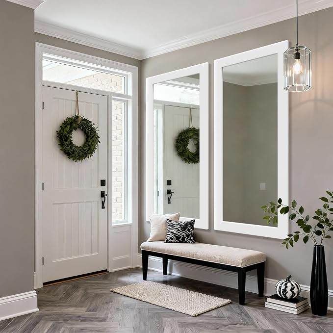 65‘’x30'' Rustic Wall Mirror for Bathroom White Wood Frame, Classic Rectangle Mirror Farmhouse Vanity Wall Mirror Decor Living Room, Bedroom, Entryway