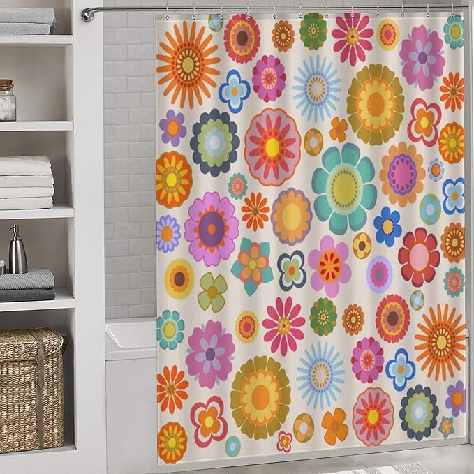 Retro Flower Shower Curtain for Bathroom, Groovy 70s Orange Sun Floral Daisy Hippie Funky Trippy Colorful Vintage Boho Waterproof Fabric Shower Curtain Set with Hooks, 72"x72"