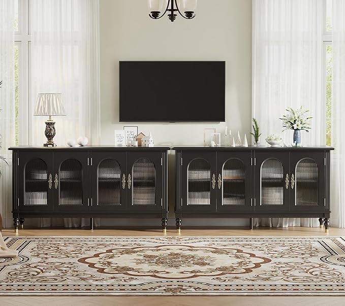 iPormis Fluted Arched Buffet Cabinet Set of 2, 59" Modern Sideboard with Glass Door & Adjustable Shelves, Mid Century Modern Solid Wood Credenza Accent Cabinet for Living Room, Entryway, Black