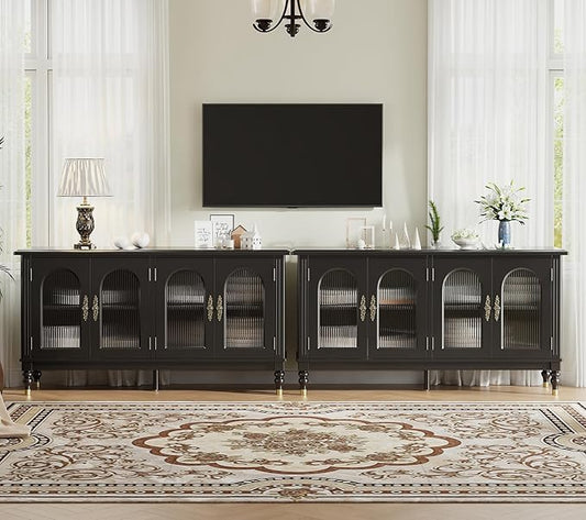 iPormis Fluted Arched Buffet Cabinet Set of 2, 59" Modern Sideboard with Glass Door & Adjustable Shelves, Mid Century Modern Solid Wood Credenza Accent Cabinet for Living Room, Entryway, Black