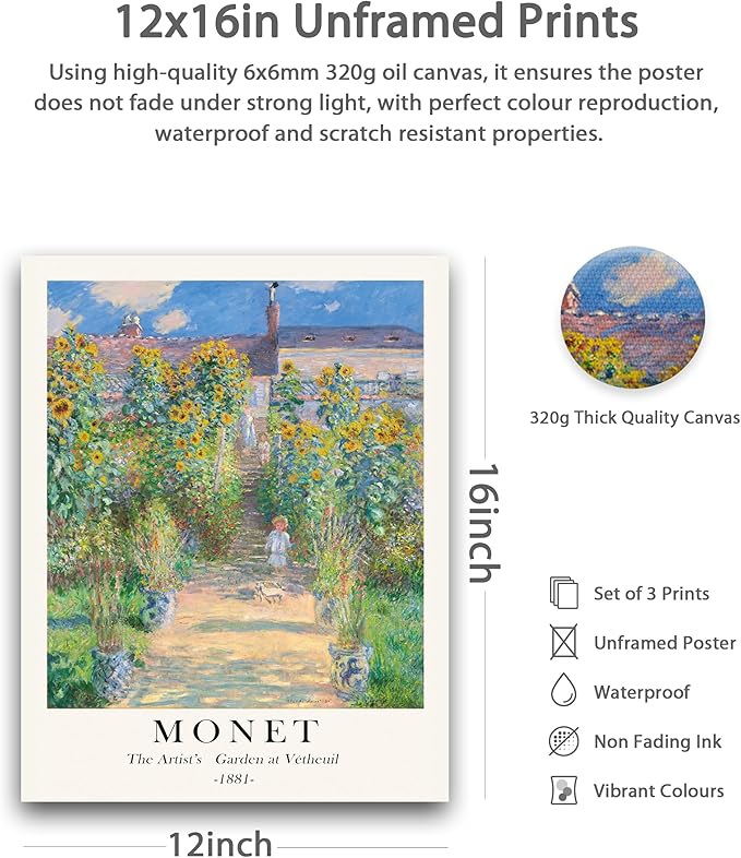 HesenDot Unframed Claude Monet Posters Set of 3, 12x16in Vintage Landscape Canvas Prints, Impressionism Paintings Wall Decoration for Living Room Bedroom Gallery Office Home, Unframed