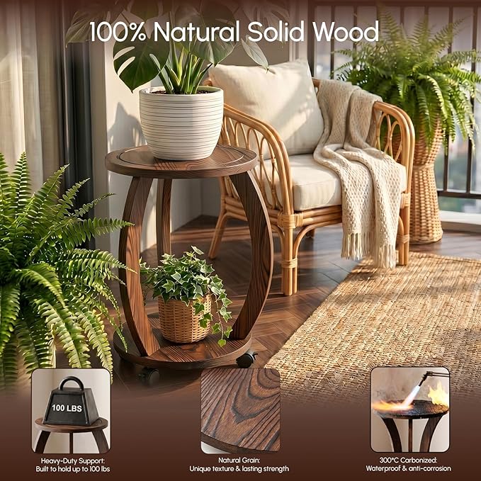 2 Tier Wooden Plant Stand Indoor with Wheels – Tall Plant Stand for 6-12 Inch Pots, Mid-Century Modern Rustic Plant Table Indoor, Pedestal Stand for Corner, Living Room, Balcony, Dark Brown