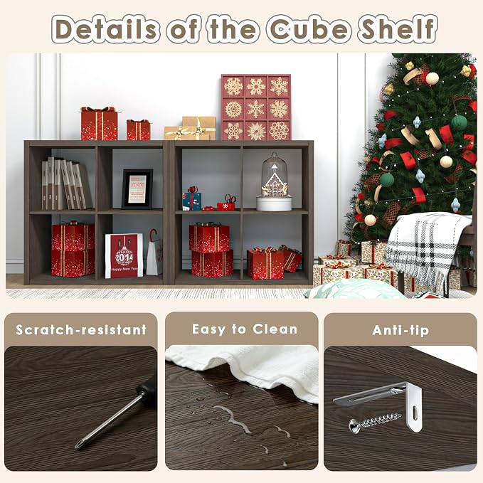 Endearing Limons【2026 Wooden Thick Border 4 Cube Shelf Storage Organizer with Anti-Tipping Kits + Reversible Open Back Bookcase (11 * 11 Unit Cell Chocolate)