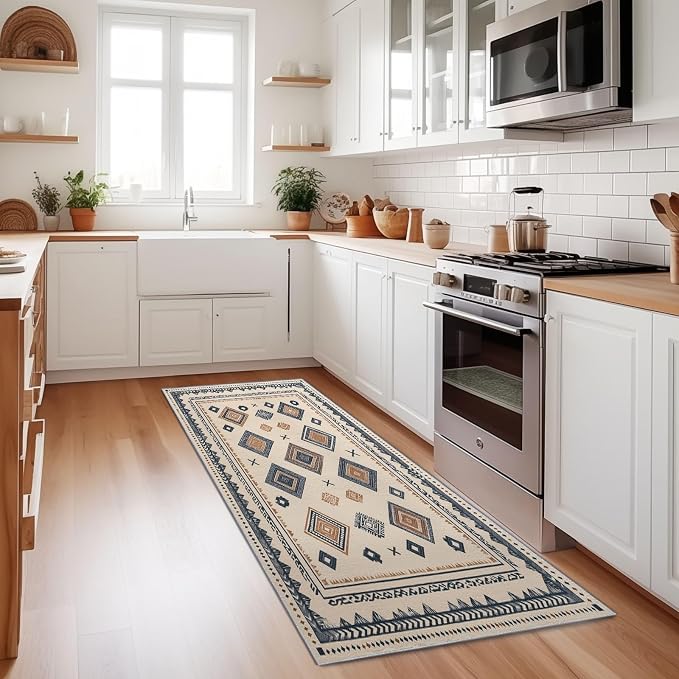 2' x 6' (Runner) Runner Rug,Washable Retro Farmhouse Style Geometric Diamond Non-Slip Kitchen Runners - Low-Pile Distressed Runners Rug for Living Room Or Study Room Laundry Room Bedroom Beige