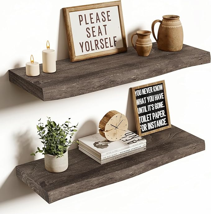 Vivelove Live Edge Floating Shelves Set of 2, Solid Elm Wood Wall Display Shelf with Invisible Bracket for Living Room Bedroom Bathroom Office, Rustic Farmhouse, 24 inch - Dark Walnut