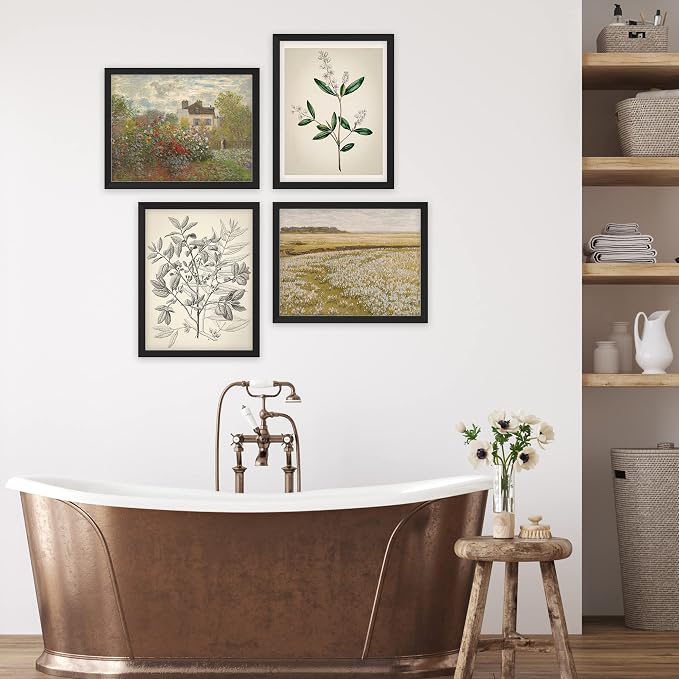 SIGNWIN Framed Poster Bathroom Decor 11"x14"x 4 Black, Wall Art Room Decor Multicolor for Living Room, Bedroom, Office Autumn Spring Rustic Flower Landscape Classic Vintage Retro Illustrations