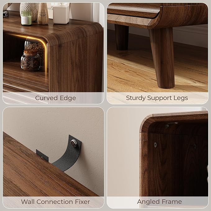 58 Inch Buffet Cabinet with Storage, Curved Buffet Sideboard w/2 Doors, Open Storage Shelf, Adjustable Shelves, Wooden Coffee Bar Cabinet for Kitchen, Living Room, Walnut