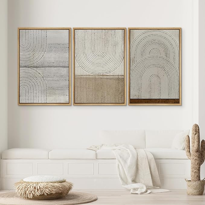 SIGNWIN Framed Canvas Print Wall Art Set Grunge Circle Polygon Collage Abstract Geometric Cozy Neutral Minimalism Modern Art Decorative Boho for Living Room, Bedroom, Office - 24"x36"x3 Natural