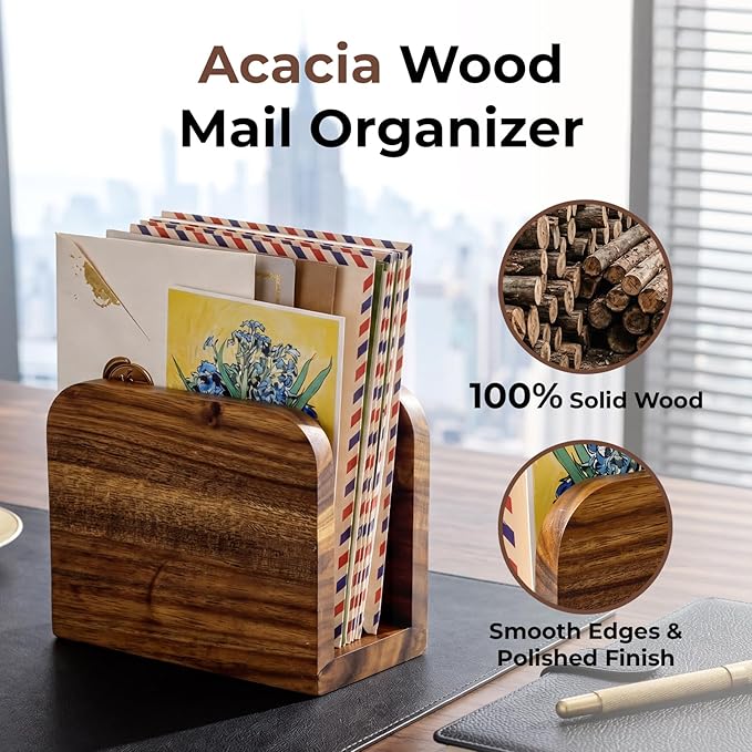 Acacia Wood Mail Organizer Countertop -Small Letter Holder for Desk, Rustic Farmhouse Decor, Upright Bill postcards, and notepads Stand for Entryway & Office，Also Works as Napkin Holder