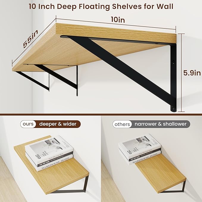 Axeman Deep Floating Shelves | 55 Inch Oak Wall Shelves Set of 2 | 10 Inch Deep Wood Floating Shelves for Wall | 55" W x 10" D Oak Shelves for Living Room Bathroom Kitchen