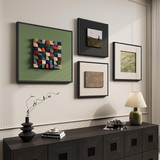 Framed 3D Wood Abstract Wall Art for Living Room, Large 4 Piece Sage Green Textured Landscape Artwork for Walls, Modern Minimalist Colorful Wooden Wall Decor for Dining Room,Hallway, Office Aesthetic